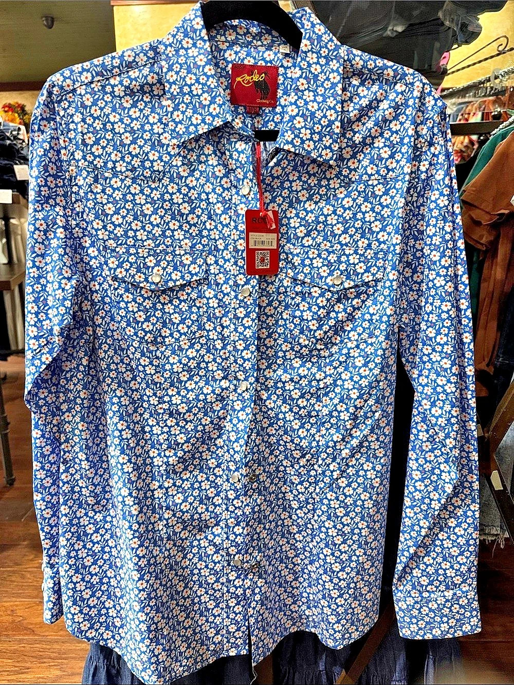 Rodeo Floral Snap-Front Shirt in Blue & White NWT